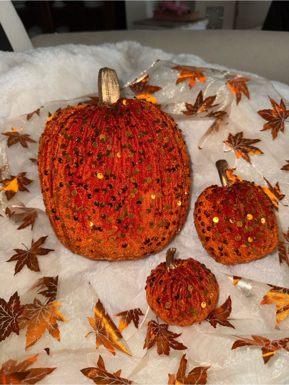 3 velvet, gold sequin pumpkins, Beautiful Autumn centerpiece 🍁